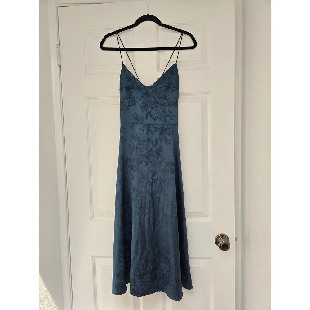 Rihoas Teal Blue Floral Satin Jacquard Midi Dress Lace Up Corset Back Bustier S